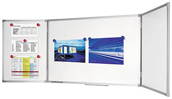 Eine Whiteboard mit vielen verschiedenen Funktionen wie Magneten und Klappmechanismen.